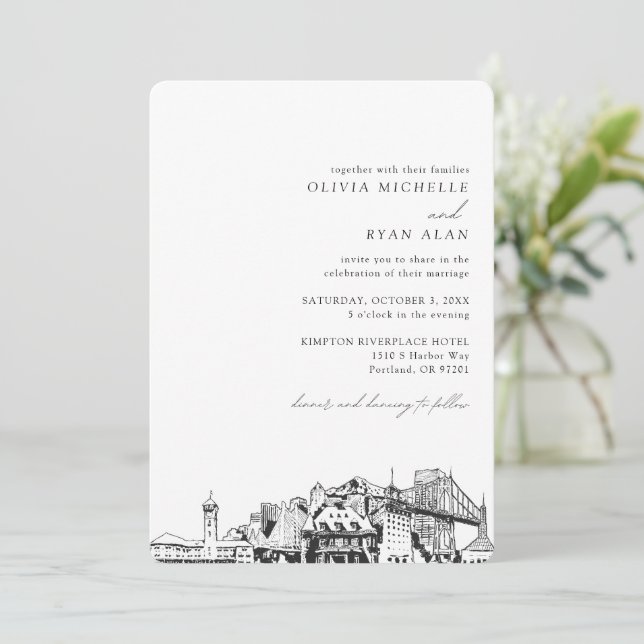 Portland Skyline Destination Wedding Invitation (Standing Front)