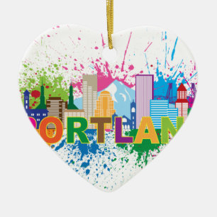 Portland Skyline Paint Splatter Illustration Ceramic Tree Decoration