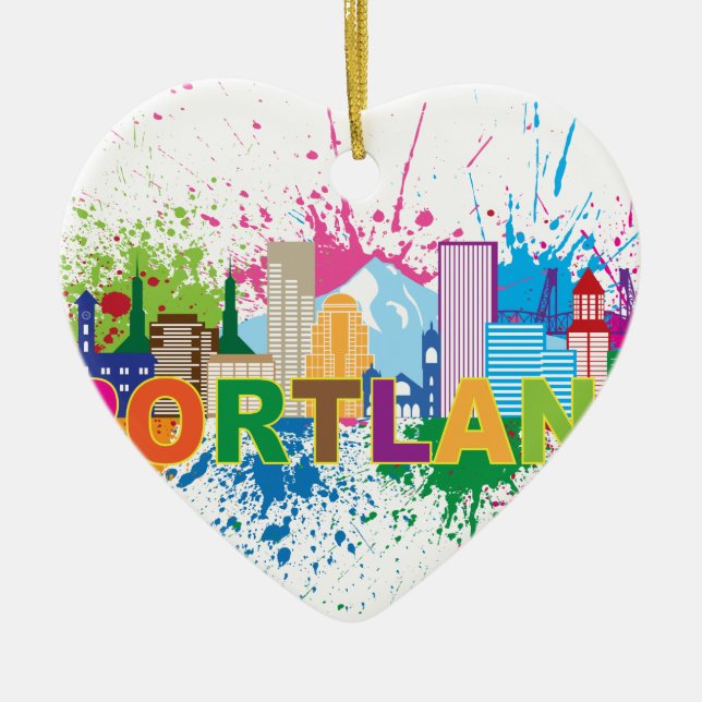 Portland Skyline Paint Splatter Illustration Ceramic Tree Decoration (Front)