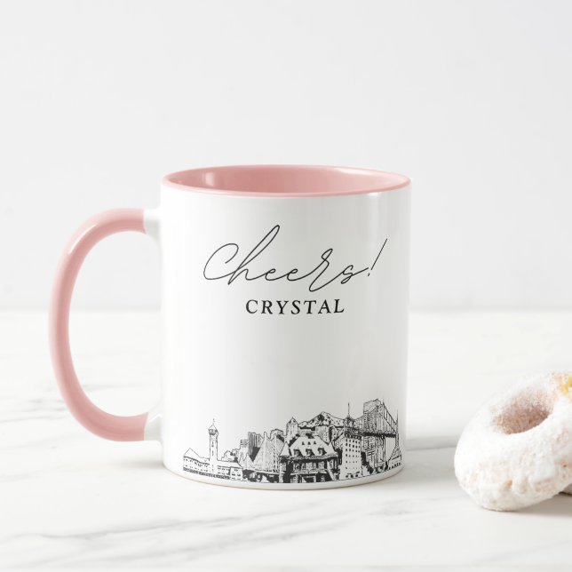 Portland Skyline Personalised Wedding Coffee Mug (With Donut)