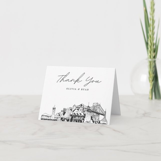 Portland Skyline Sketch Blank Thank You Card (Front)