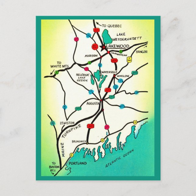 Portland to Lakeview ME Map Postcard (Front)