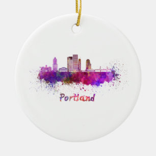 Portland V2 skyline in watercolor Ceramic Tree Decoration