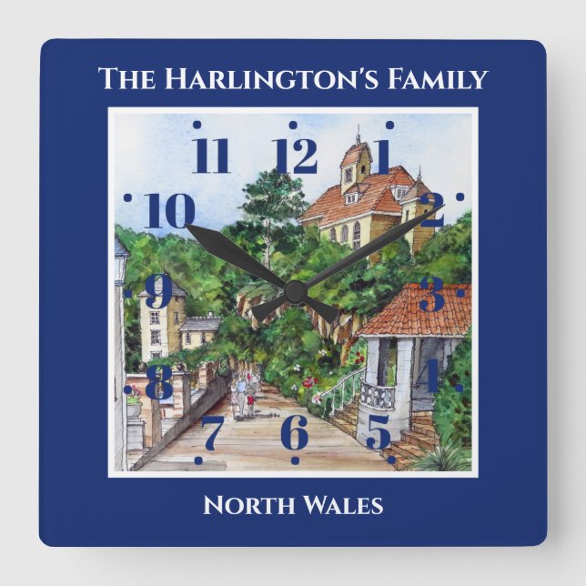 Portmeirion North Wales Pen and Ink Sketch Blue Square Wall Clock (Front)