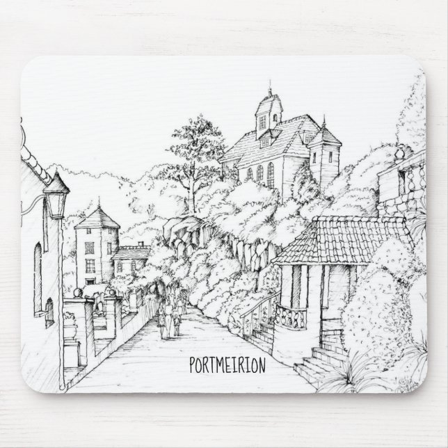 Portmeirion North Wales Pen and Ink Sketch Mouse Mat (Front)