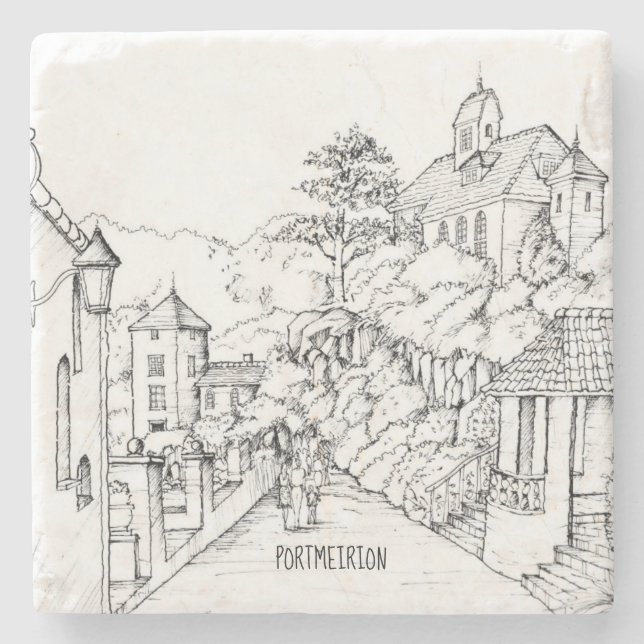 Portmeirion North Wales Pen and Ink Sketch Stone Coaster (Front)