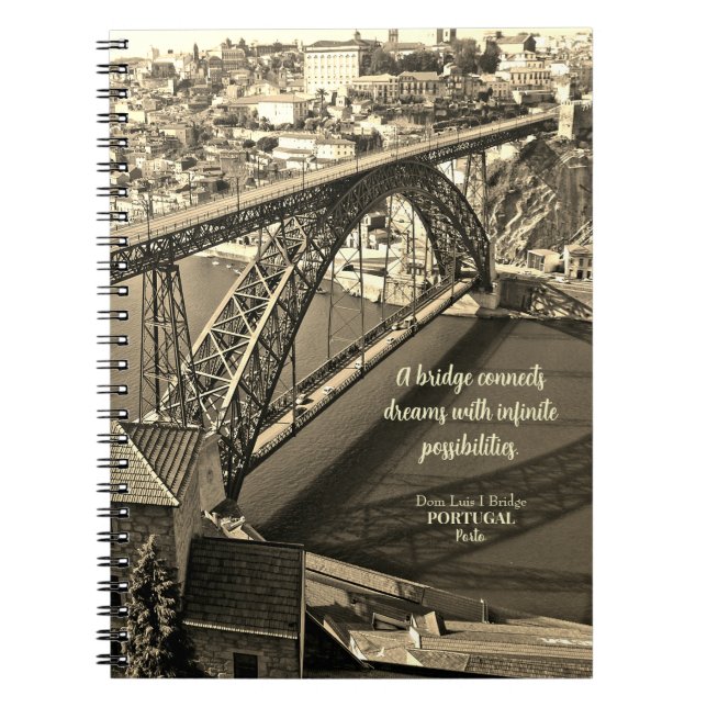 Porto bridge over Douro River, Portugal, sepia Notebook (Front)