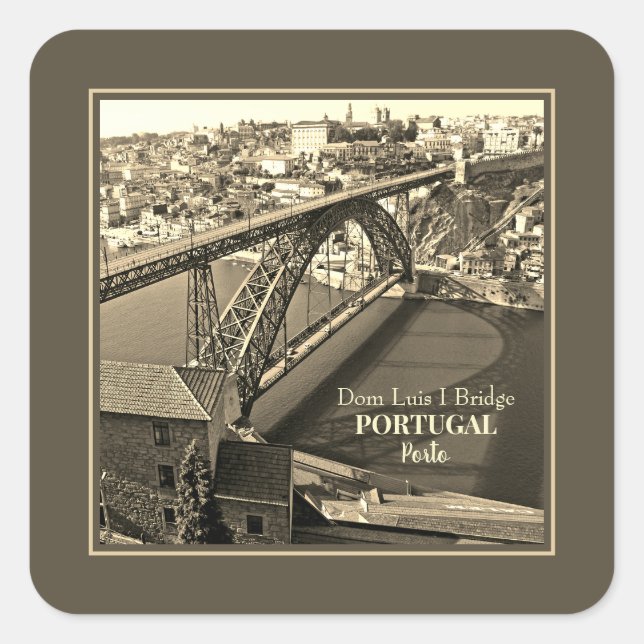 Porto bridge over Douro River, Portugal, sepia Square Sticker (Front)