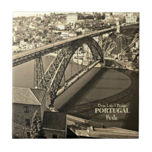 Porto bridge over Douro River, Portugal, sepia Tile