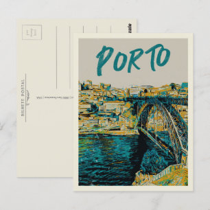 Porto Douro river bridge illustration Portugal Postcard