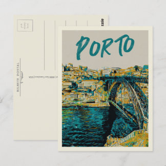 Porto Douro river bridge illustration Portugal Postcard