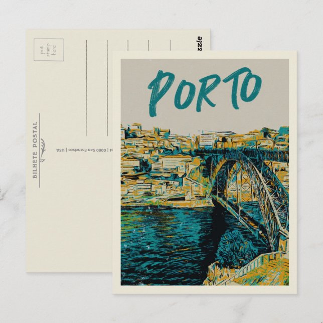 Porto Douro river bridge illustration Portugal Postcard (Front/Back)