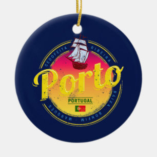 Porto in Portugal Ship Retro Sunset Vintage Ceramic Tree Decoration