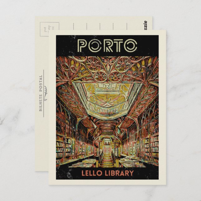 Porto Lello library illustration Portugal Postcard (Front/Back)