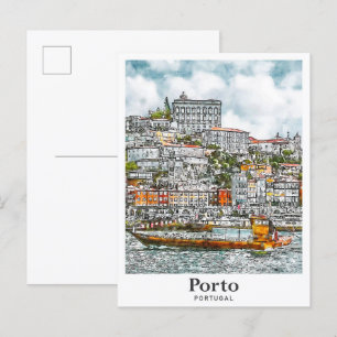 Porto Portugal Travel Watercolor Sketch Hand Drawn Postcard