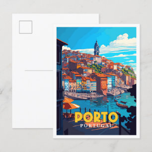 Porto Portugal vintage travel illustration Postcard