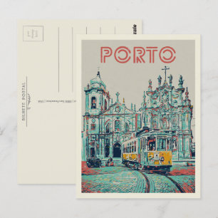 Porto tramway and church illustration Portugal Postcard
