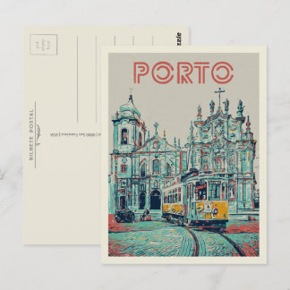 Porto tramway and church illustration Portugal Postcard