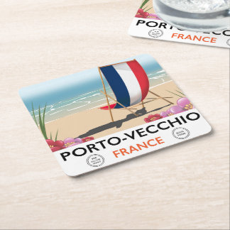Porto-Vecchio, France beach travel poster Square Paper Coaster