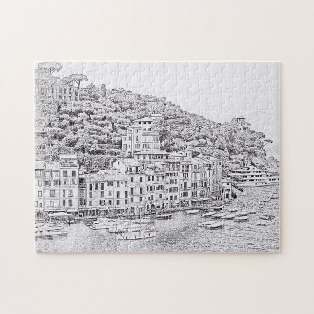 Portofino in Black and White - 11x14 - 252 pc Jigsaw Puzzle (Horizontal)