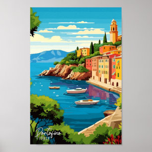 Portofino Italy Art Vintage Travel Illustration Poster