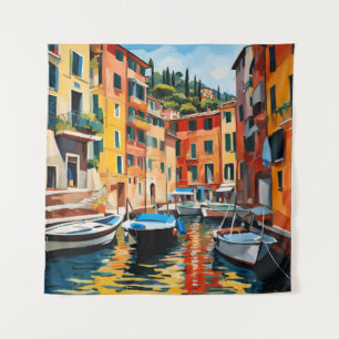 Portofino Italy Colourful Modern Art Boats Tapestry