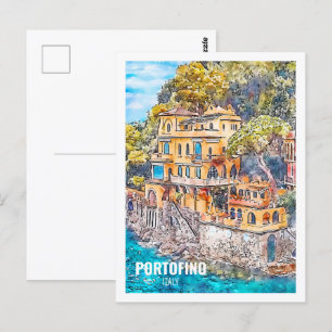 Portofino Italy Famous Travel Watercolor Sketch Postcard