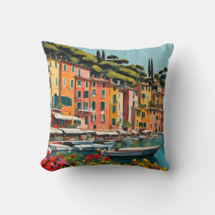 Portofino Italy Mediterranean Waterscape Painting Cushion