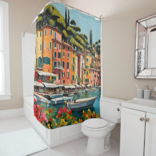 Portofino Italy Mediterranean Waterscape Painting Shower Curtain