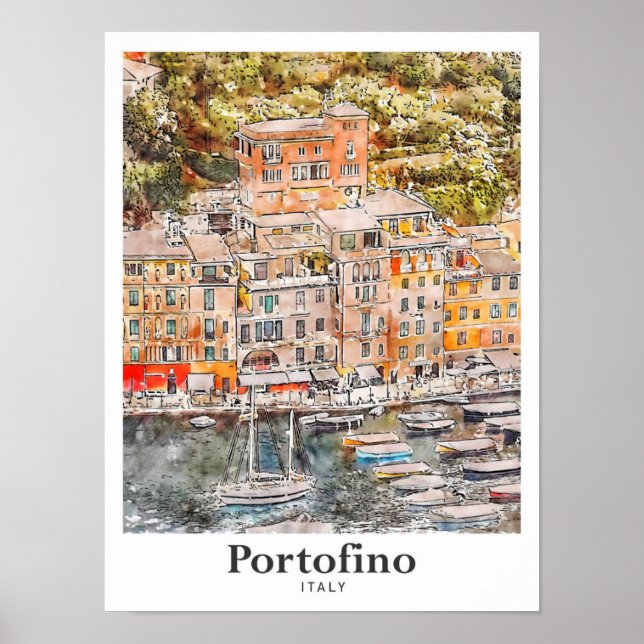Portofino Italy Travel Watercolor Hand Drawn Poster (Front)