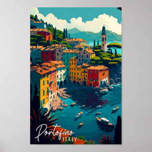 Portofino Italy vintage travel illustration Poster