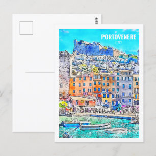 Portovenere Italy Famous Travel Watercolor Sketch Postcard