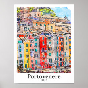 Portovenere Italy Travel Watercolor Hand Drawn Poster