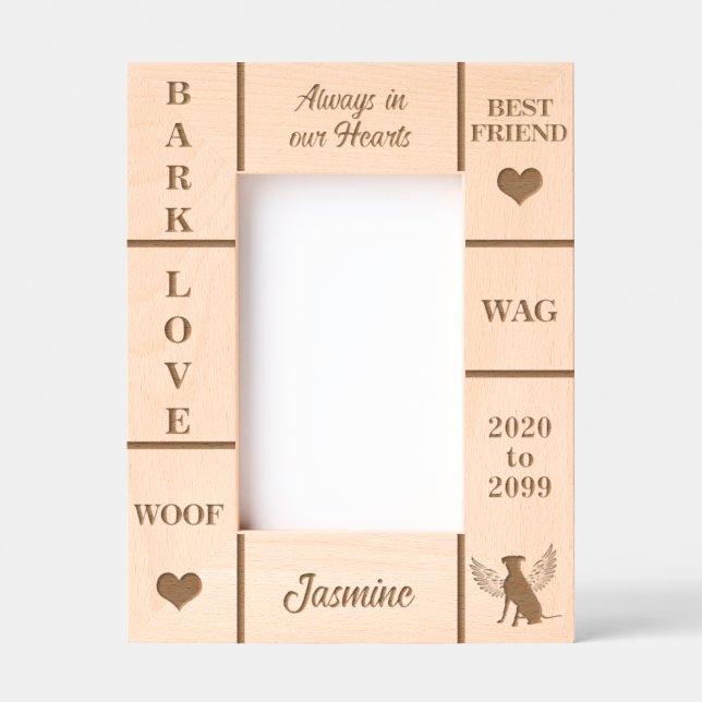 Portrait 4x6 Pet Memorial Angel Dog Name Year Etched Frames (Front)