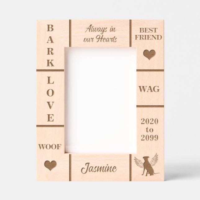 Portrait 5x7 Pet Memorial Angel Dog Name Year Etched Frames (Front)