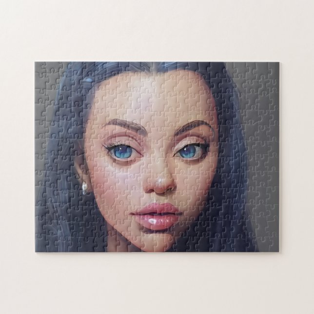 Portrait Blue Hair Eyes Smile Young Woman  Jigsaw Puzzle (Horizontal)