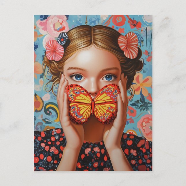Portrait Butterfly Girl  in a Floral Wonderland Postcard (Front)