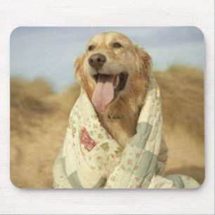 Portrait dog on beach under quilt. Fall Mouse Mat