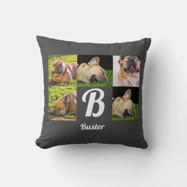 portrait dog pet  photo collage monogram on grey  cushion (Front)