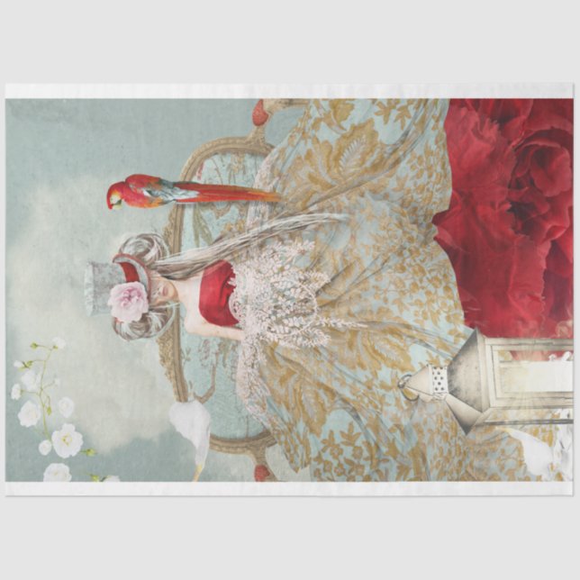 Portrait Girl Sitting Bird and Floral Art Tissue Paper (Front)