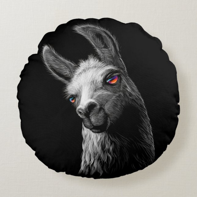 Portrait Head Cute Llama On Black Background  Round Cushion (Front)