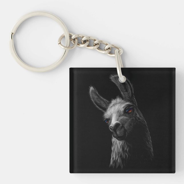 Portrait Head Cute Llama with a Black Background Key Ring (Front)