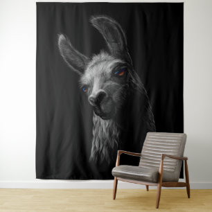 Portrait Head Cute Llama with Black Background  Tapestry
