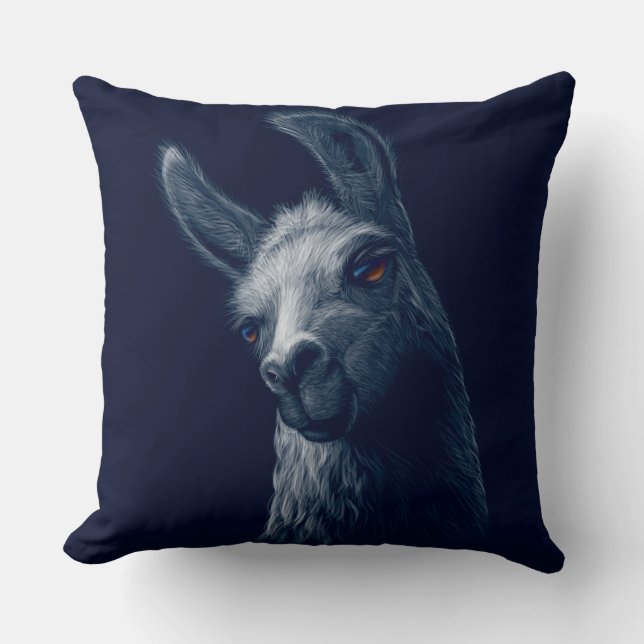 Portrait Head Cute Llama with Navy Background Cushion (Front)