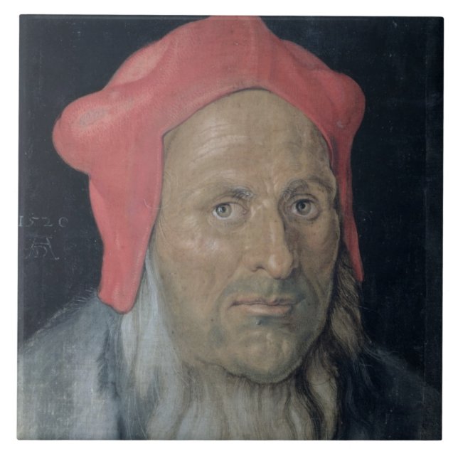 Portrait of a Bearded Man in a Red Hat, 1520 (oil Tile (Front)