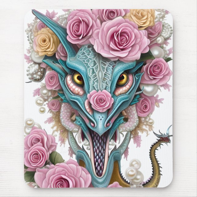 Portrait of a beautiful whimsical pink dragon head mouse mat (Front)