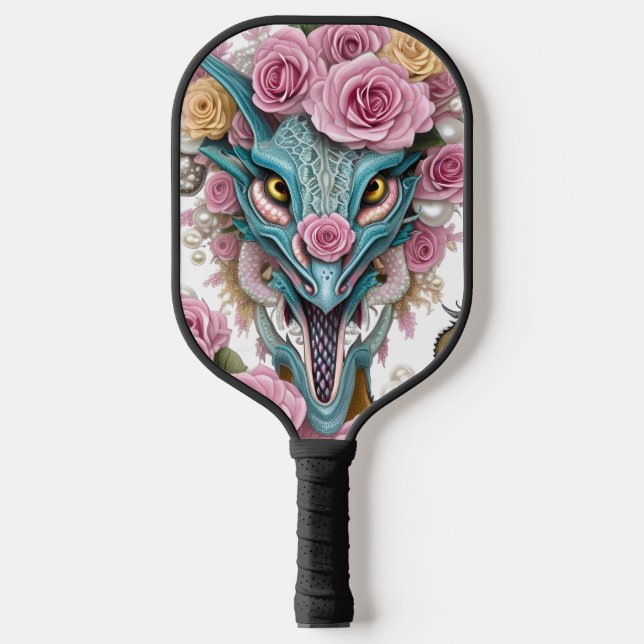 Portrait of a beautiful whimsical pink dragon head pickleball paddle (Front)