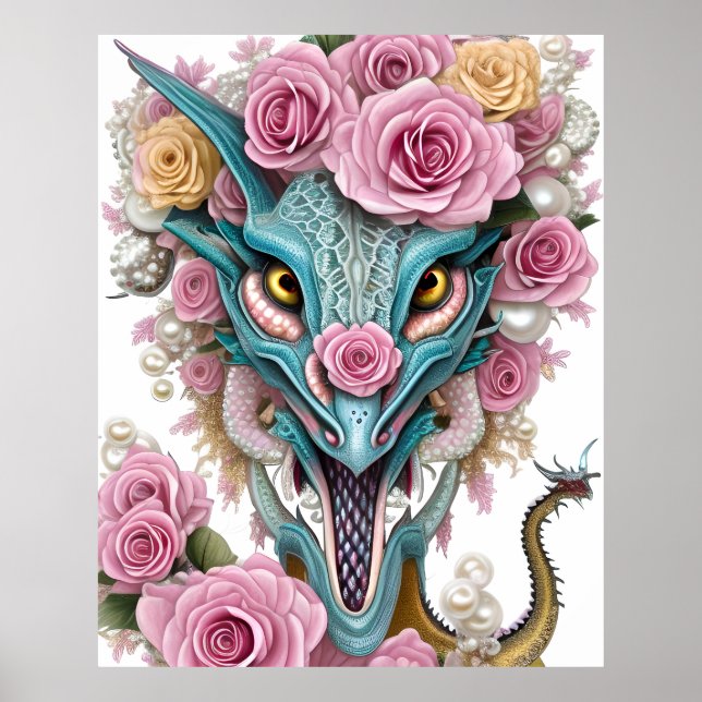 Portrait of a beautiful whimsical pink dragon head poster (Front)