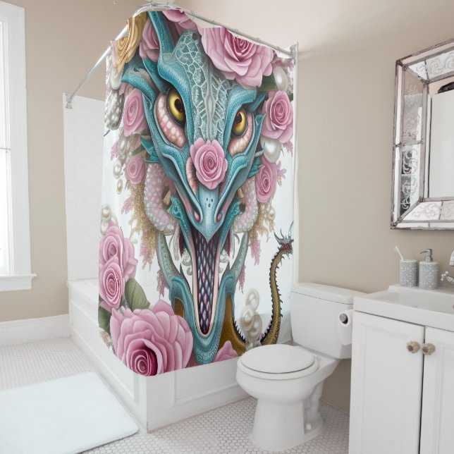 Portrait of a beautiful whimsical pink dragon head shower curtain (In Situ)