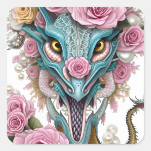 Portrait of a beautiful whimsical pink dragon head square sticker